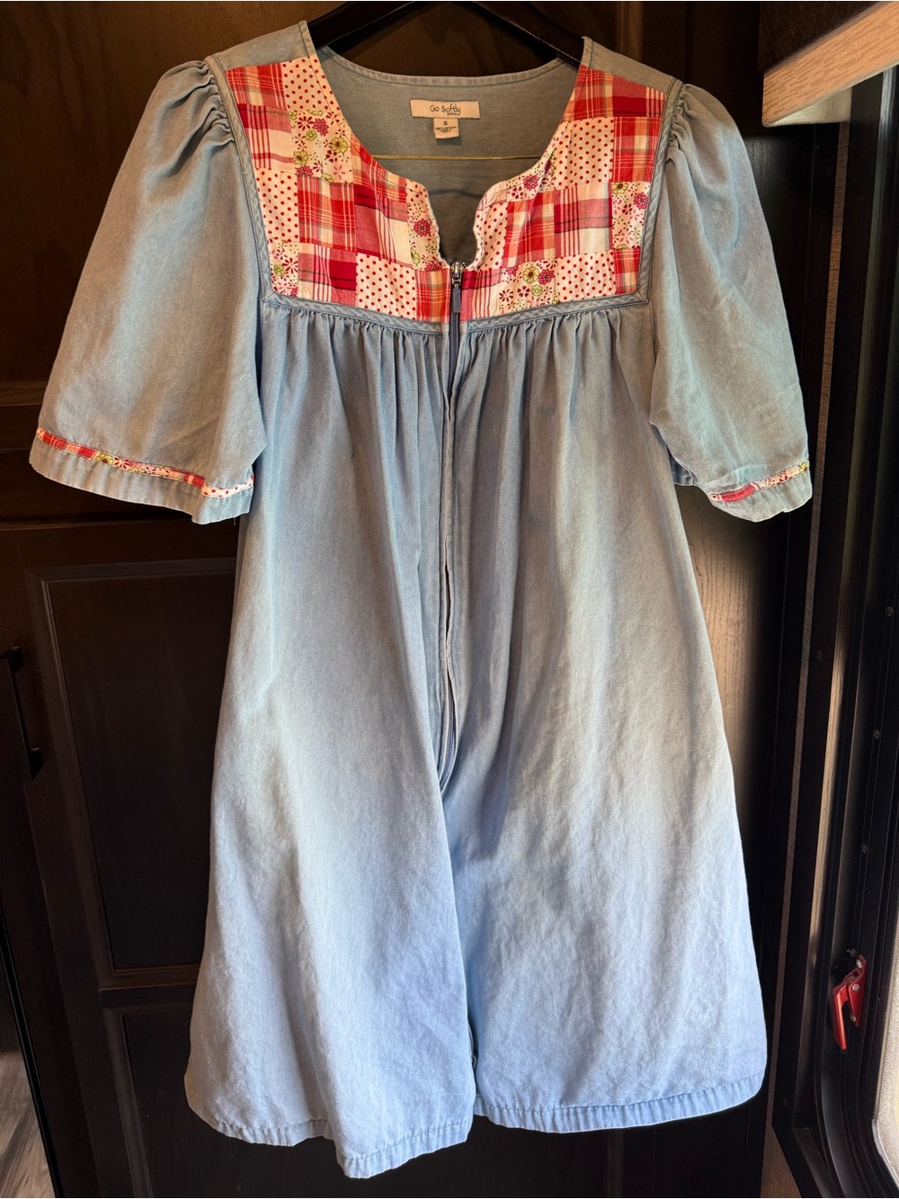 VTG Go Softly Patio Blue Cotton Midi full zip Dress Cottage Red Patchwork S